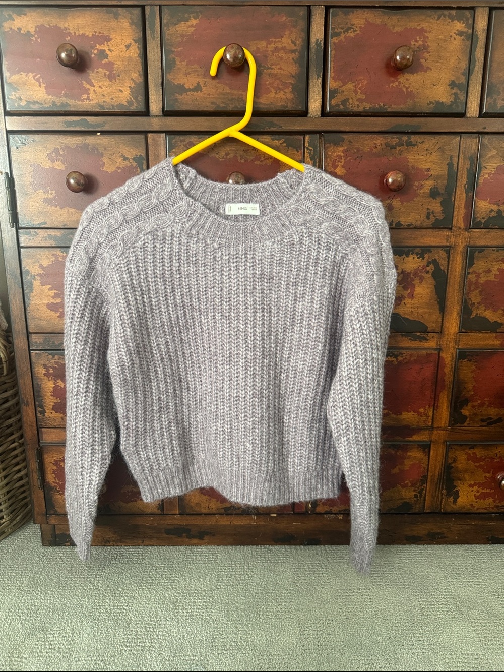 Mango Lavender Crewneck Cable-Shoulder Sweater